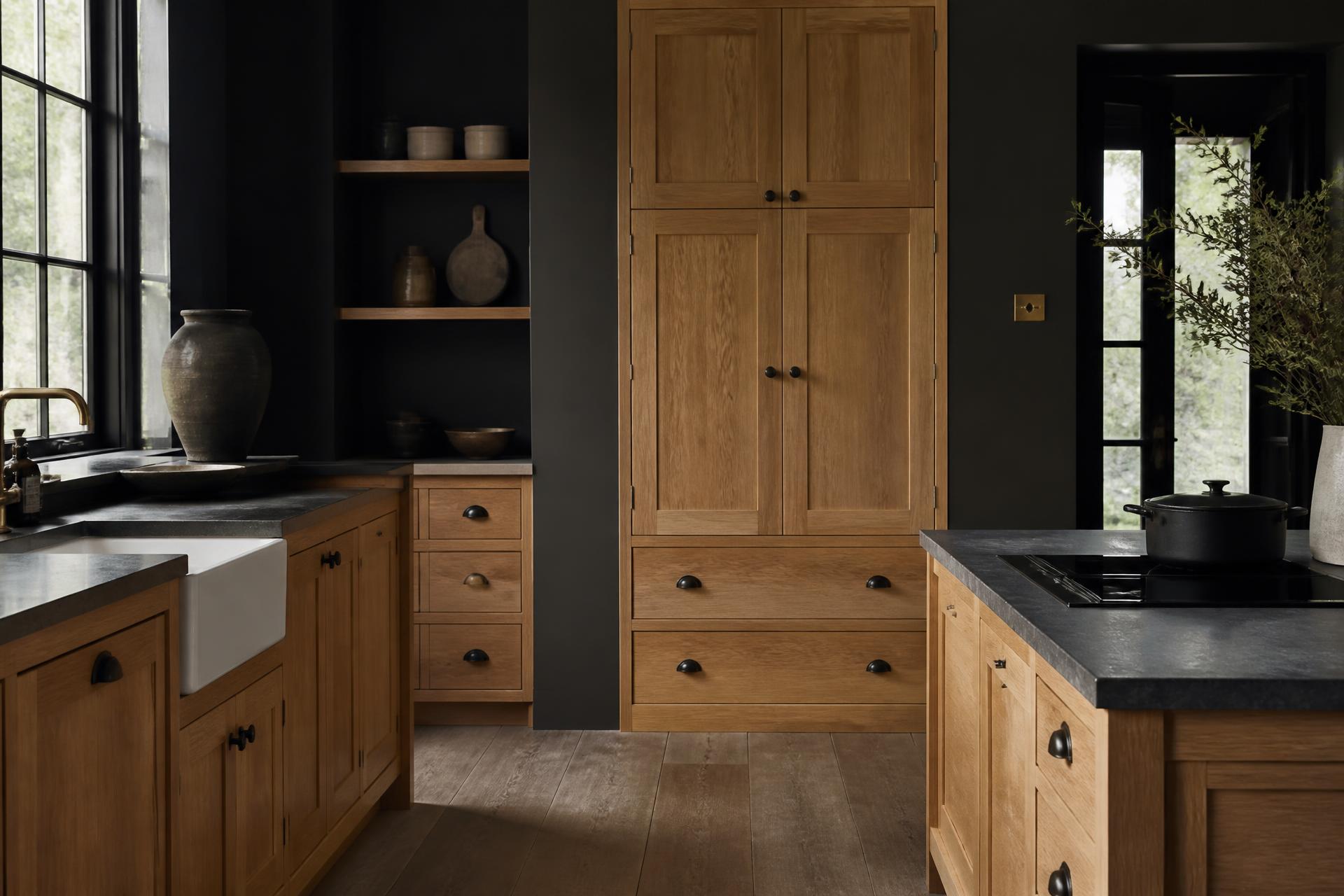 Handcrafted oak fitted kitchen joinery with dark painted walls